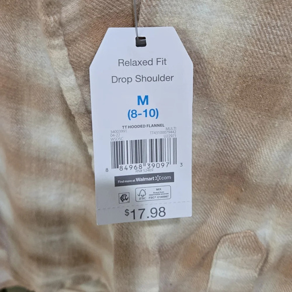 NWT Time & Tru cream and white flannel ling sleeve button down shirt with hood - Picture 3 of 4